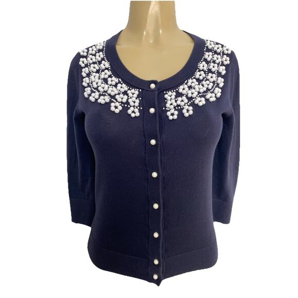Kate Spade Cardigan Sweater Button 3/4 Sleeve Navy Cotton Embellished Be… - Picture 1 of 7